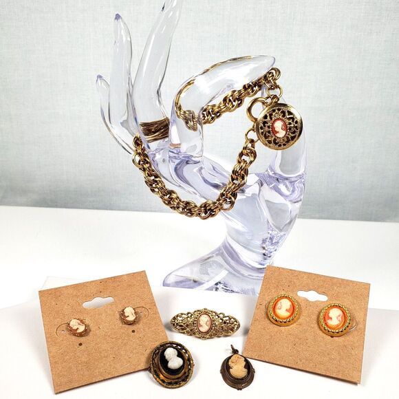 Vintage Victorian Lady Cameo Lot Bracelet Earrings Pendant Brooch Pin Gold Tone - Picture 1 of 15
